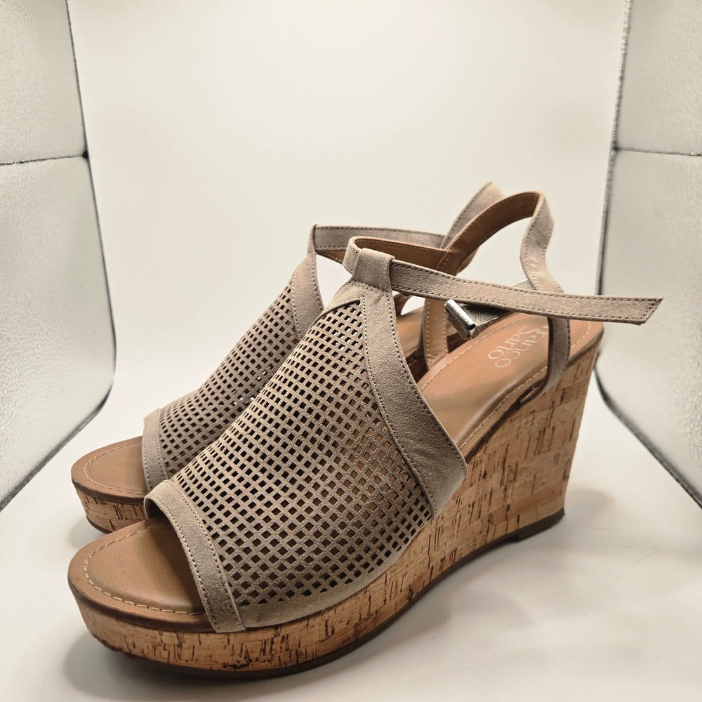 Franco Sarto Wedge heel Women 11M Taupe Good Perforated Cork Heel 5 inch Strappy - Picture 2 of 11